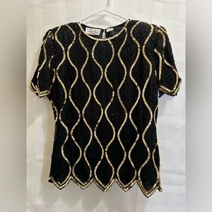 Vintage 80's Silk Sequin Beaded Blouse Top Black Gold Laurance Kazar, small